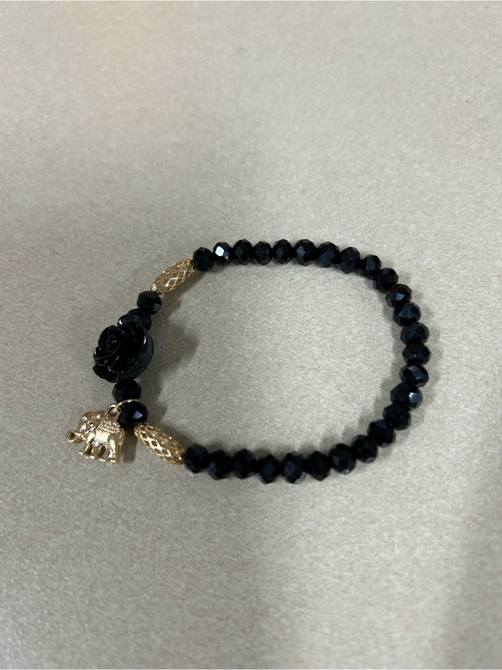 Black Beaded Rose Stretch Bracelet with Gold Charms